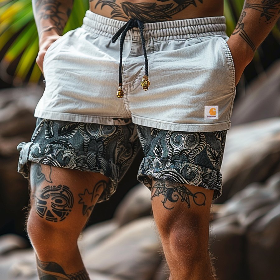 

Men's Ethnic Graphic Printed Cargo Surf Shorts
