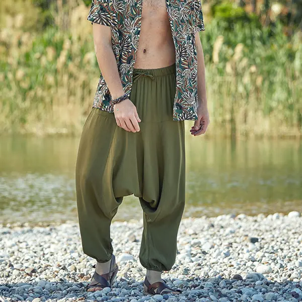 Men's Casual Pants Green Cotton And Linen Harem Pants Retro Vacation - Trisunshine.com 