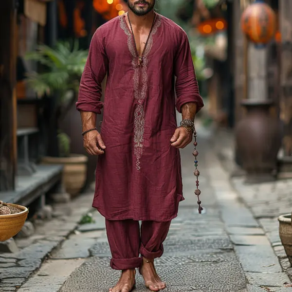 Retro Linen Men's Ethnic Style Long V-neck Long-sleeved Robe Shirt Holiday Casual Loose Comfortable Linen Robe - Trisunshine.com 