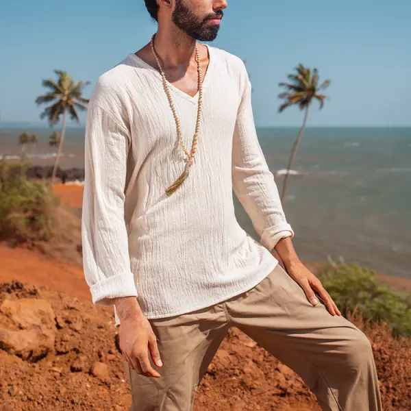 Men's Tops Retro Cotton And Linen Solid Color V-Neck Long Sleeve Casual Tops - Trisunshine.com 