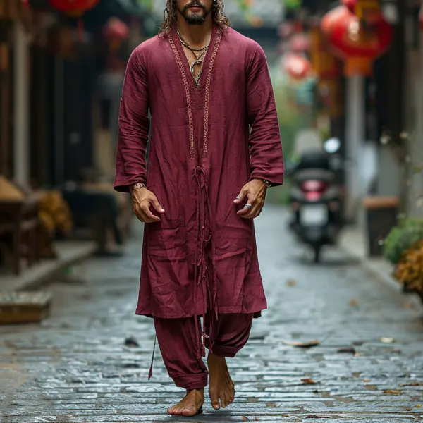 Retro Linen Men's Ethnic Style Long V-neck Long-sleeved Robe Shirt Holiday Casual Loose Comfortable Linen Robe - Trisunshine.com 