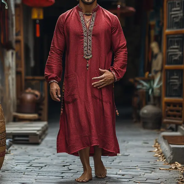 Retro Linen Men's Ethnic Style Long V-neck Long-sleeved Robe Shirt Holiday Casual Loose Comfortable Linen Robe - Trisunshine.com 