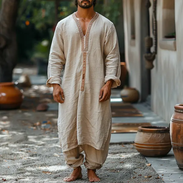 Retro Linen Men's Ethnic Style Long V-neck Long-sleeved Robe Shirt Holiday Casual Loose Comfortable Linen Robe - Yiyistories.com 