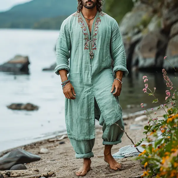 Summer Linen Men's Ethnic Style Long V-neck Long-sleeved Robe Shirt Vacation Casual Loose Comfortable Linen Robe - Trisunshine.com 