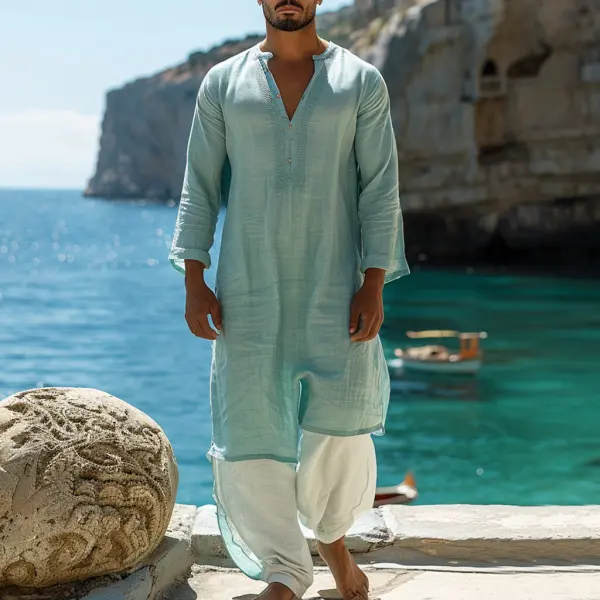 Summer Linen Men's Ethnic Style Long V-neck Long-sleeved Robe Shirt Vacation Casual Loose Comfortable Linen Robe - Trisunshine.com 