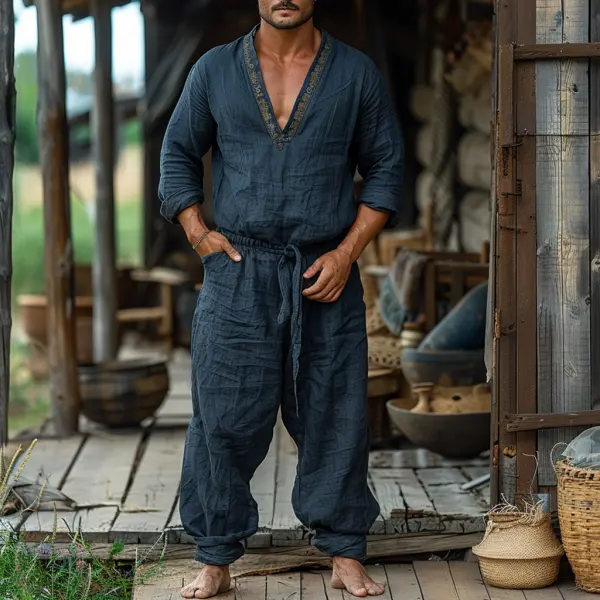 Men's V-neck Long-sleeved Linen Jumpsuit Casual Loose, Comfortable, Refreshing And Breathable Jumpsuit - Trisunshine.com 