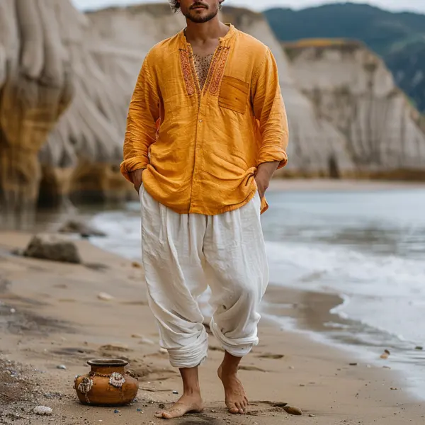 Summer Men's V-neck Linen Long-sleeved Trousers Suit Casual Loose, Comfortable, Refreshing And Breathable Suit - Trisunshine.com 