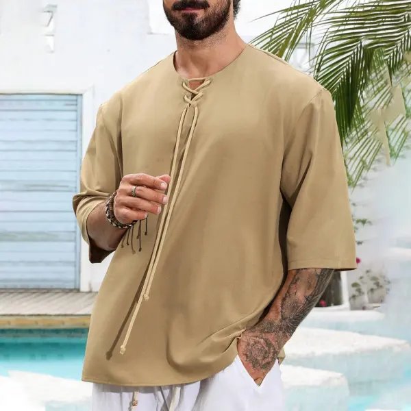 Men's Short Sleeve Simple Lace-up Holiday Tee - Trisunshine.com 