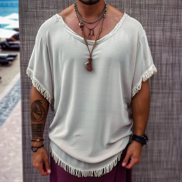 Men's Short Sleeve Summer Bohemian Holiday Tassel Tee - Trisunshine.com 