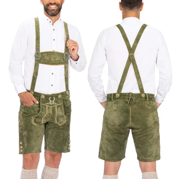 Men's Vintage Munich Traditional Embroidered Suede Bib Shorts - Trisunshine.com 