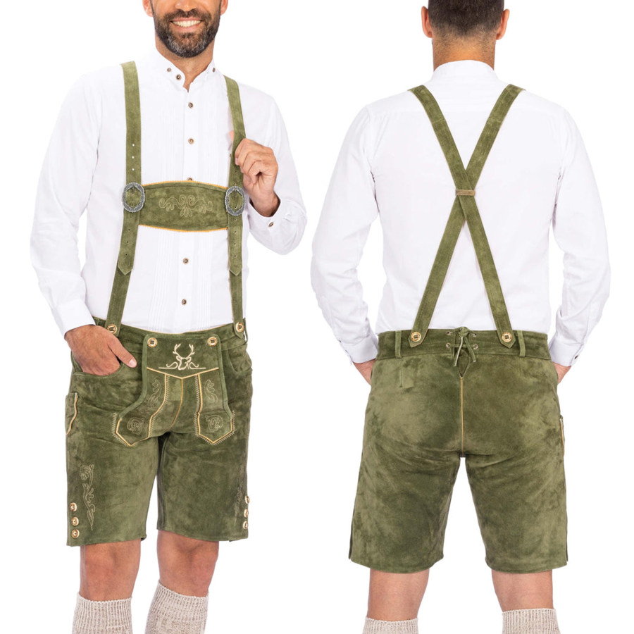 

Men's Vintage Munich Traditional Embroidered Suede Bib Shorts