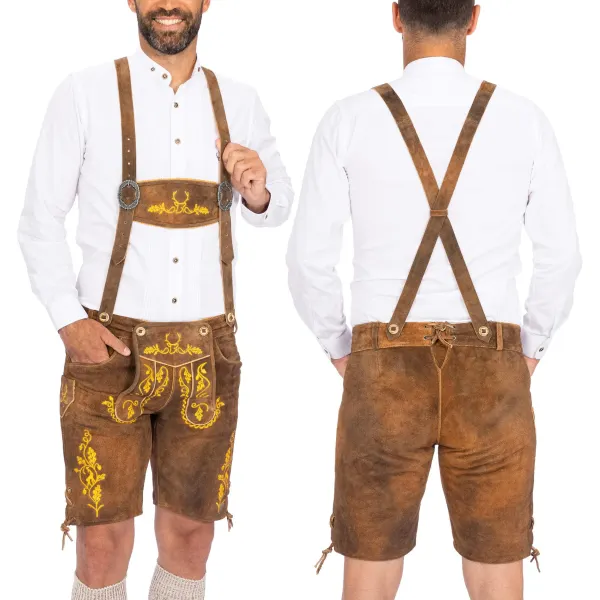 Men's Vintage Munich Traditional Bavarian Style Embroidered Suede Bib Shorts - Wayrates.com 