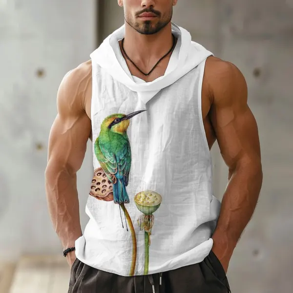 Men's Bird Print Linen Sleeveless Hooded Shirt - Nicheten.com 