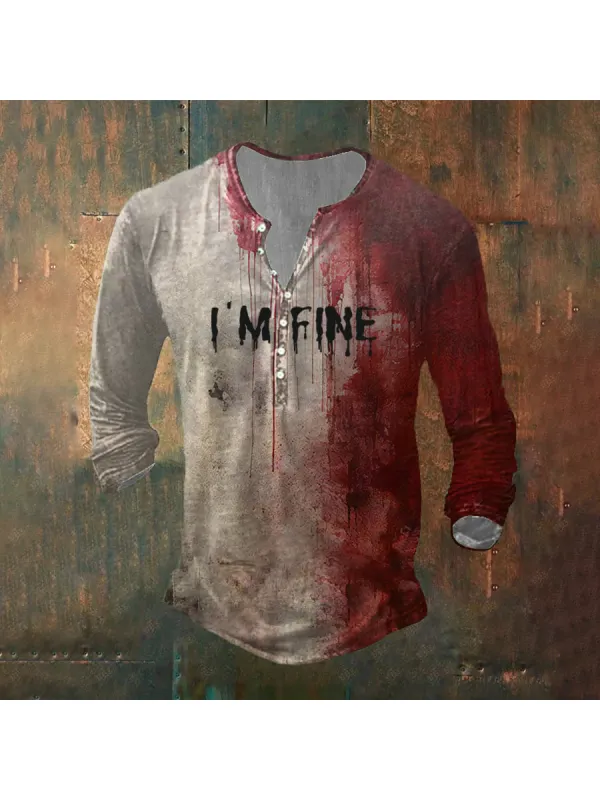 Mens Bloody Im Fine Halloween Print Long Sleeve Top - Timetomy.com 