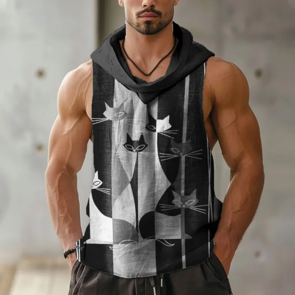 Men's Cat Print Linen Sleeveless Hooded Shirt - Nicheten.com 