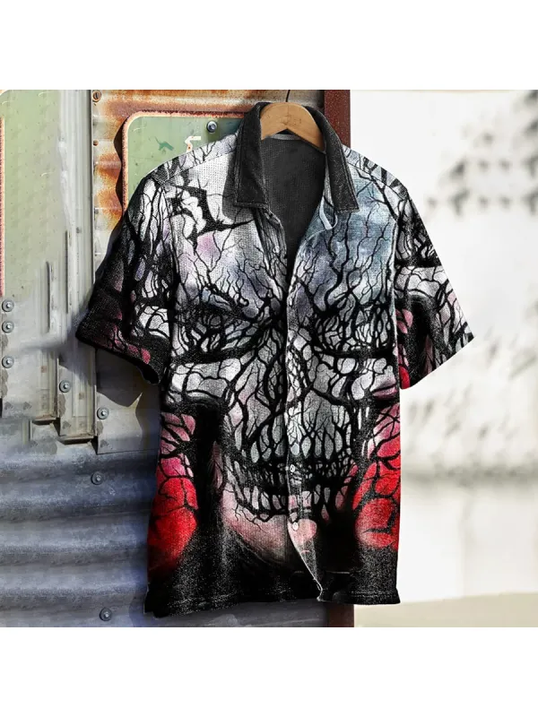 Men's Vintage Halloween Skull Print Waffle Shirt - Ootdmw.com 