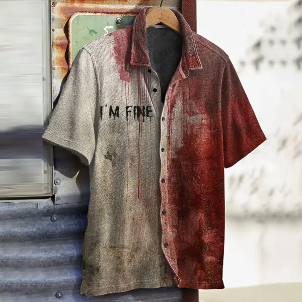 Men's Bloody Im Fine Halloween Print Waffle Shirt - Nicheten.com 