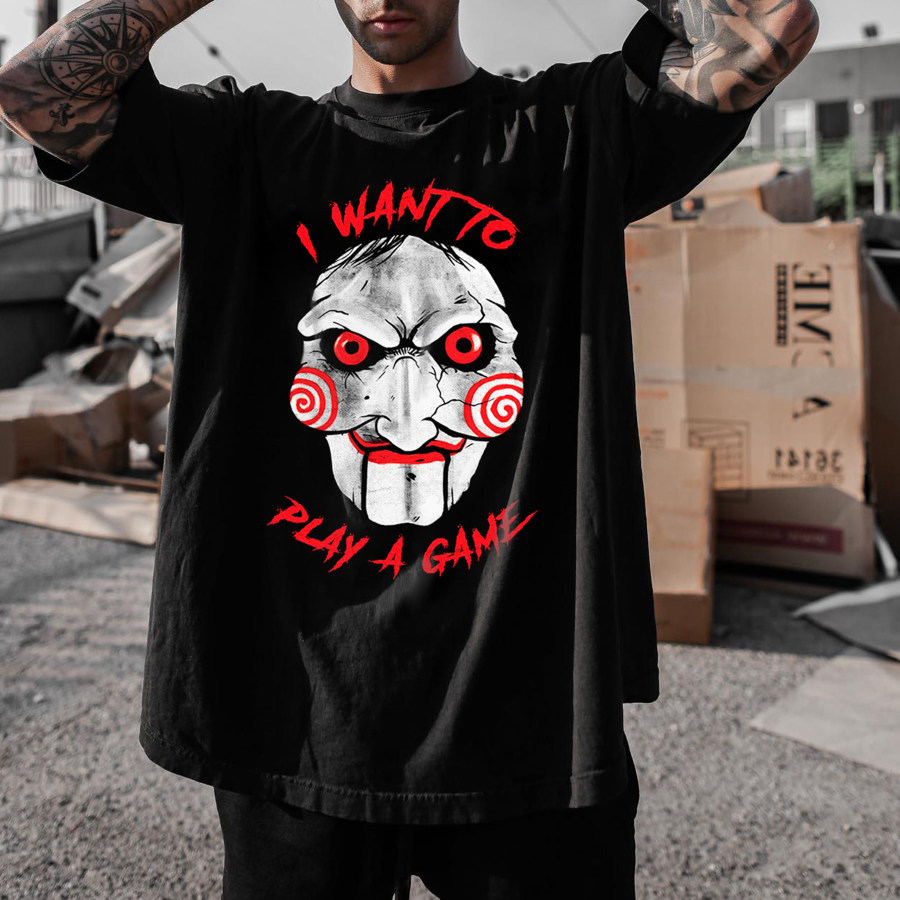 

Oversized Unisex Halloween Print T-Shirt I Want To Play A GameT-Shirt
