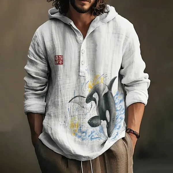 Men's Retro Japanese Whale Tail Printed Hooded Shirt - Trisunshine.com 