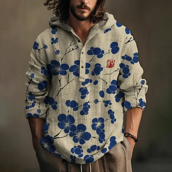 Men's Vintage Floral Art Print Hooded Shirt - Trisunshine.com 