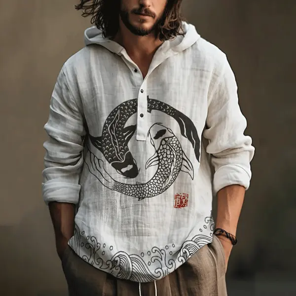 Men's Retro Japanese Fish Print Hooded Shirt - Trisunshine.com 