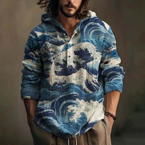 Men's Japanese Wave Print Hooded Shirt - Trisunshine.com 