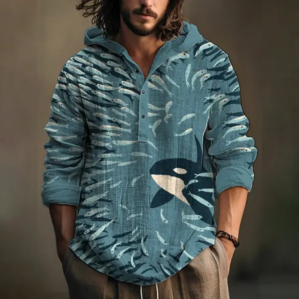 Men's Whale Print Hooded Shirt - Trisunshine.com 