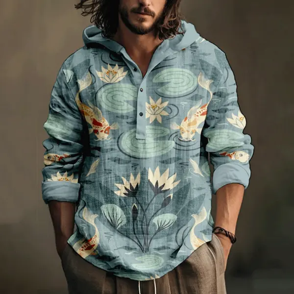 Men's Lotus Art Print Hooded Shirt - Trisunshine.com 