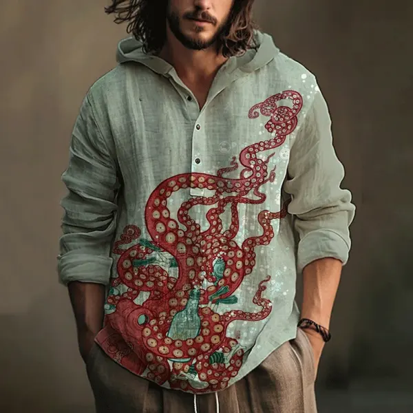 Men's Ocean Octopus Art Print Hooded Shirt - Trisunshine.com 