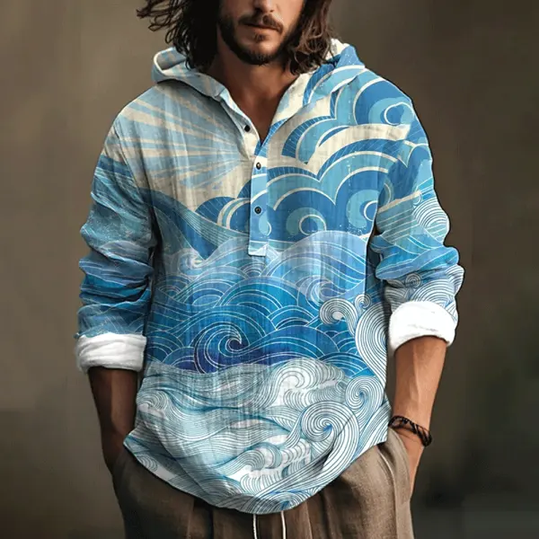 Men's Ocean Wave Art Print Hooded Shirt - Trisunshine.com 