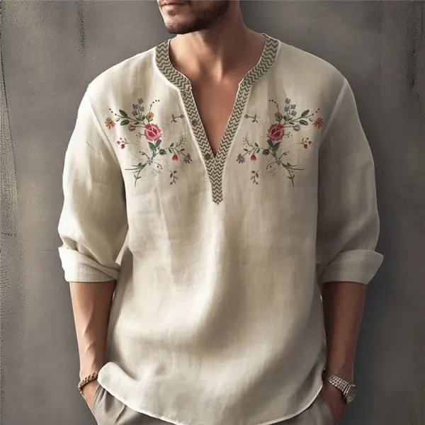 Men's Floral Print V-neck Shirt - Trisunshine.com 