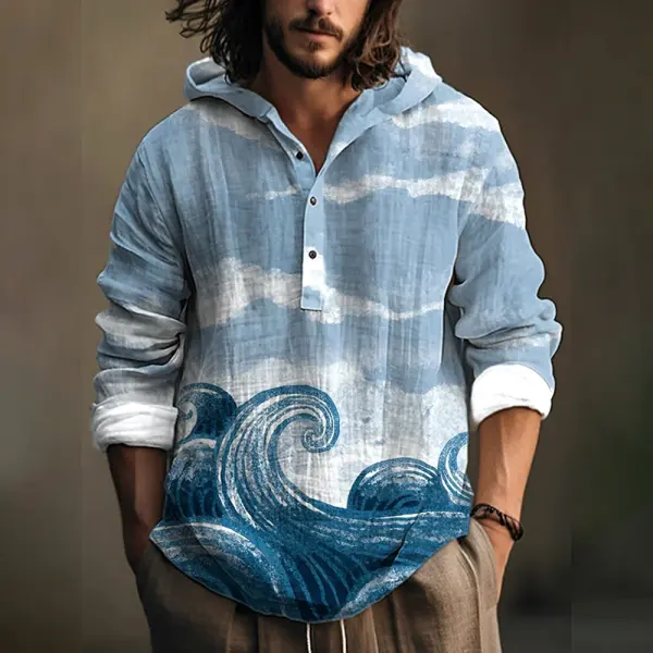 Men's Ocean Art Print Hooded Long Sleeve Shirt - Trisunshine.com 