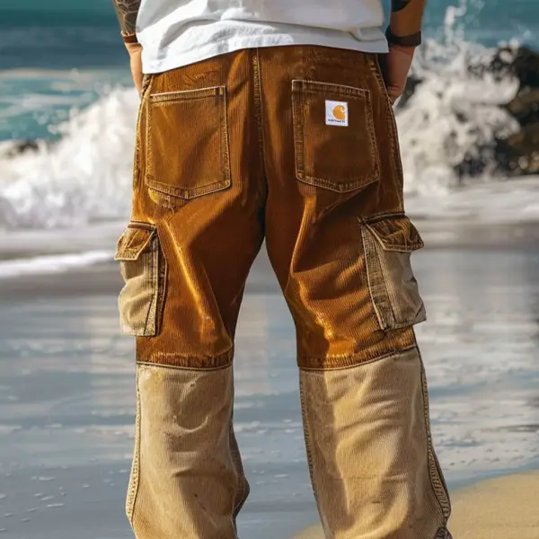 Men's Vintage Corduroy Outdoor Multi-pocket Color Block Cargo Pants Trousers - Nicheten.com 