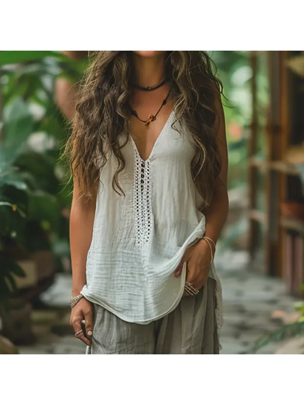 Retro Loose, Comfortable And Breathable Ethnic Style Linen V-neck Suspender Sleeveless Top - Realyiyi.com 