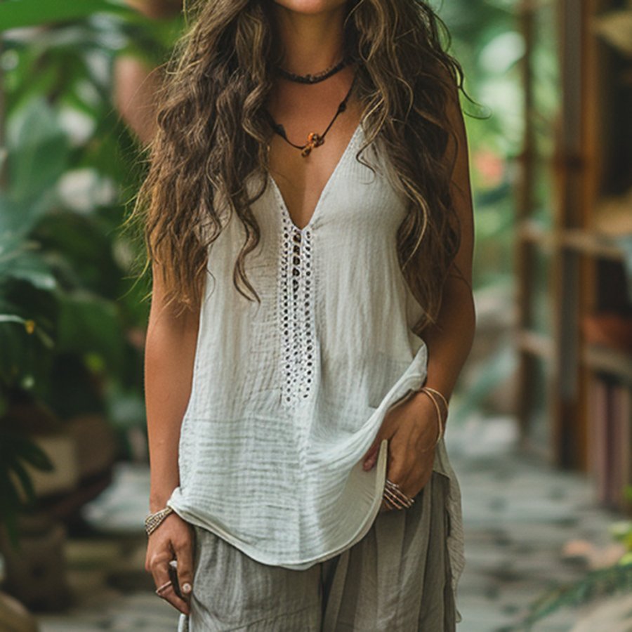 

Retro Loose Comfortable And Breathable Ethnic Style Linen V-neck Suspender Sleeveless Top