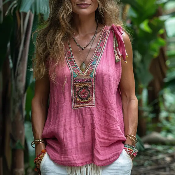 Retro Loose, Comfortable And Breathable Ethnic Style Linen V-neck Suspender Sleeveless Top - Anurvogel.com 