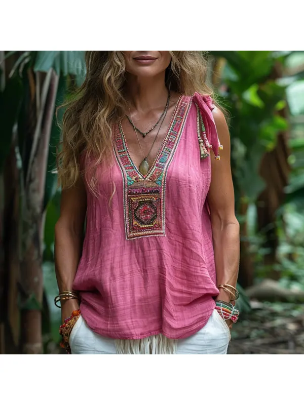 Retro Loose, Comfortable And Breathable Ethnic Style Linen V-neck Suspender Sleeveless Top - Hoplady.chimpone.com 