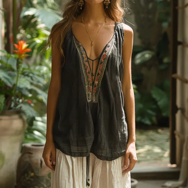 Retro Loose, Comfortable And Breathable Ethnic Style Linen V-neck Suspender Sleeveless Top - Anurvogel.com 