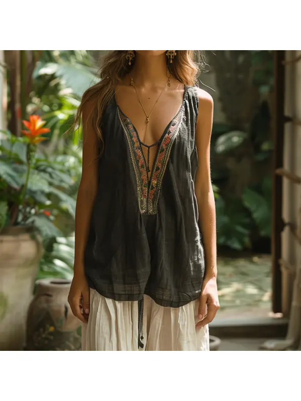 Retro Loose, Comfortable And Breathable Ethnic Style Linen V-neck Suspender Sleeveless Top - Realyiyishop.com 