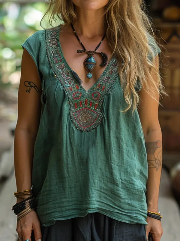 Retro Loose, Comfortable And Breathable Ethnic Style Linen V-neck Suspender Sleeveless Top - Pragmaace.com 