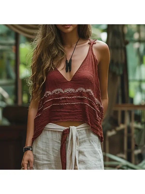 Retro Loose, Comfortable And Breathable Ethnic Style Linen V-neck Suspender Sleeveless Top - Viewbena.com 