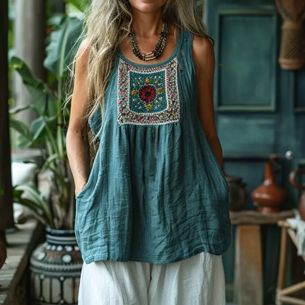 Retro Loose, Comfortable And Breathable Ethnic Style Linen V-neck Suspender Sleeveless Top - Salolist.com 