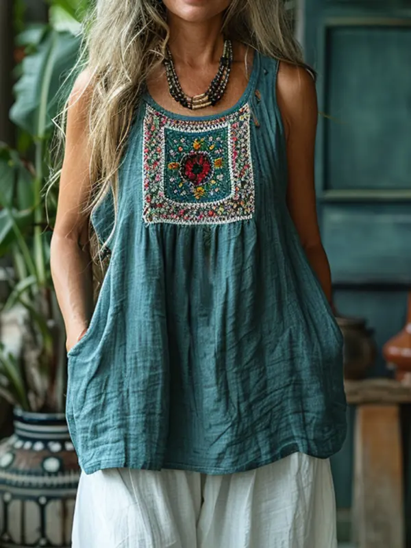 Retro Loose, Comfortable And Breathable Ethnic Style Linen V-neck Suspender Sleeveless Top - Menbarn.com 