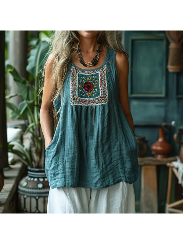 Retro Loose, Comfortable And Breathable Ethnic Style Linen V-neck Suspender Sleeveless Top - Viewbena.com 