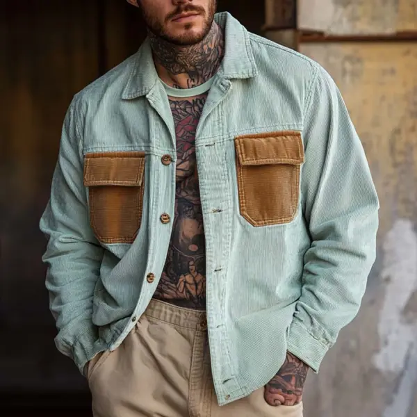 Men's Vintage Corduroy Pocket Lapel Collar Color Block Outdoor Work Shirt Jacket - Dozenlive.com 