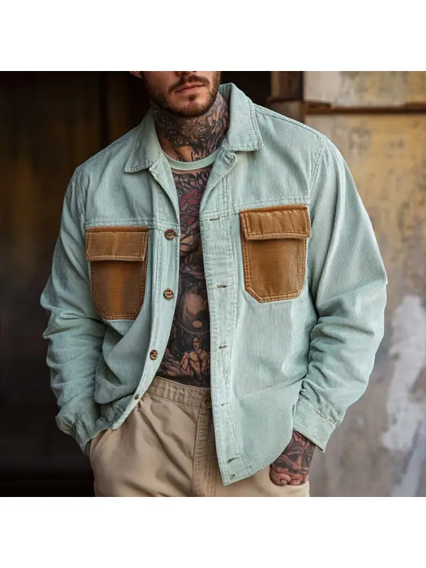 Men's Vintage Corduroy Pocket Lapel Collar Color Block Outdoor Work Shirt Jacket - Ootdmw.com 