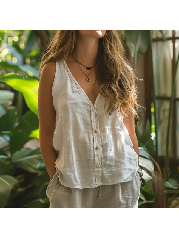 Simple V-neck Sleeveless Shirt, Loose, Comfortable And Breathable Top - Viewbena.com 