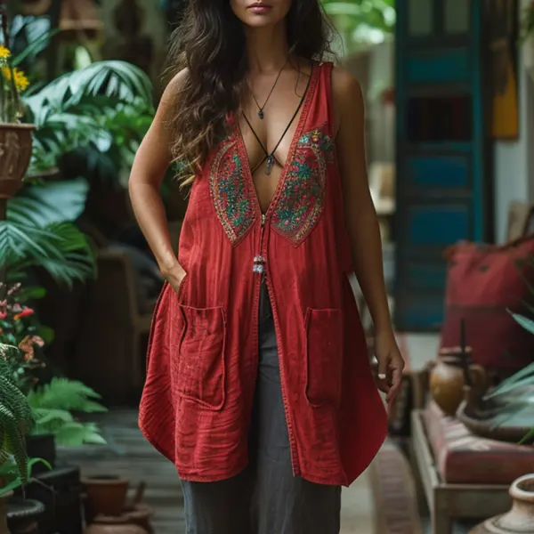 Retro Loose, Comfortable And Breathable Ethnic Style Linen V-neck Long Sleeveless Shirt - Yiyistories.com 