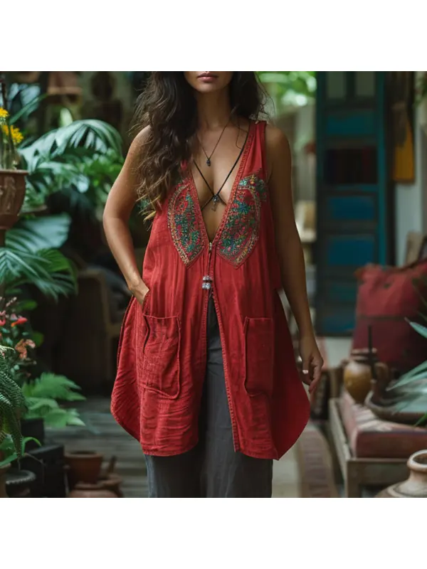 Retro Loose, Comfortable And Breathable Ethnic Style Linen V-neck Long Sleeveless Shirt - Aptkoi.com 