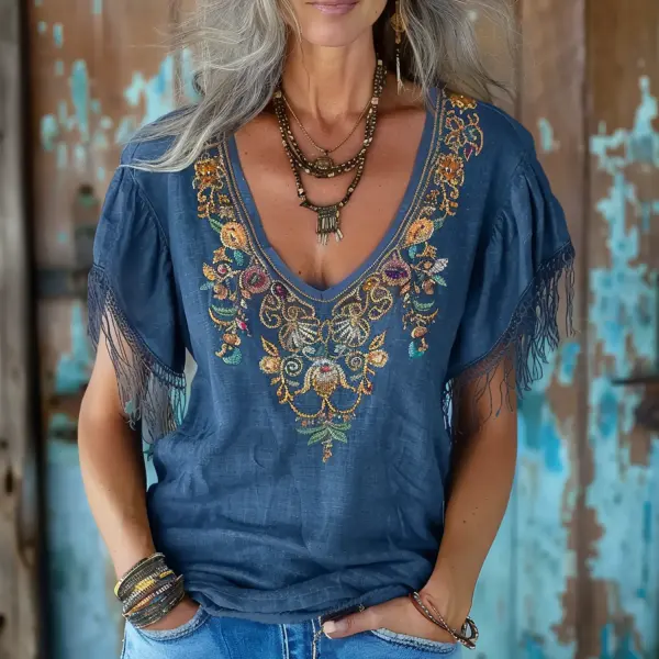 Retro Ethnic Print V-neck T-shirt - Anurvogel.com 